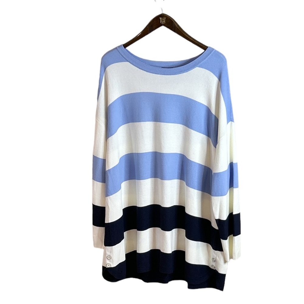 Talbots Women's Sweater Top Pullover Blue White Striped Button Detail Size 3X